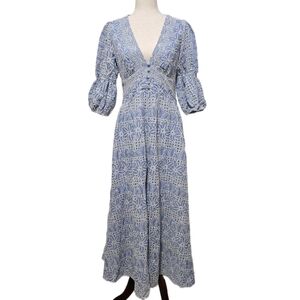 ​Petal & Pup Tani Blue Eyelet Floral Puff Sleeve V-Neck Midi Dress - Size 8
